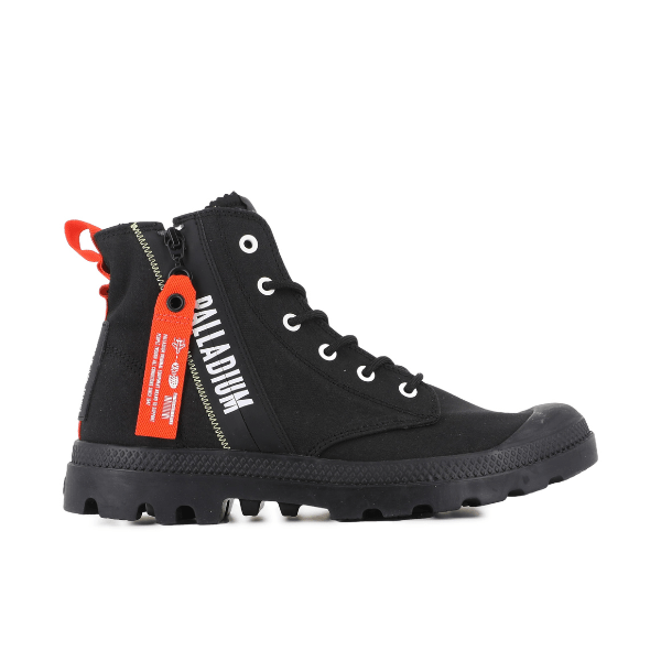 Side profile of Palladium Pampa Hi Outzip Overlab – Black with white branding and red zip tag