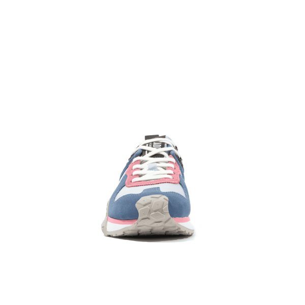 Palladium Troop Runner Sneaker in Blue Provence β front toe view showing honeycomb rubber outsole, pink laces and blue nylon mesh upper, women's sizing, Style 77330 BLP