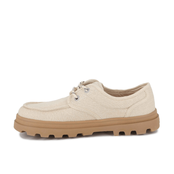 Palladium Dunelite Moc Cushion sneaker in Sahara – three-quarter front view showing canvas texture, moc-stitch toe and lightweight DUNELITE EVA sole