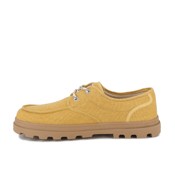 Palladium Dunelite Moc Cushion Ochre sneaker - three-quarter front view highlighting canvas texture and lightweight EVA sole