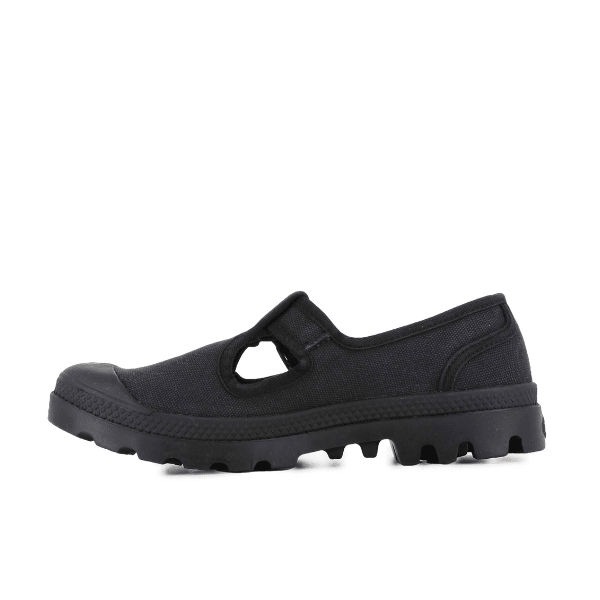 Palladium Pampa Mary-Jane Washed in Black – inner side view showing T-bar cutout design and rubber lug outsole