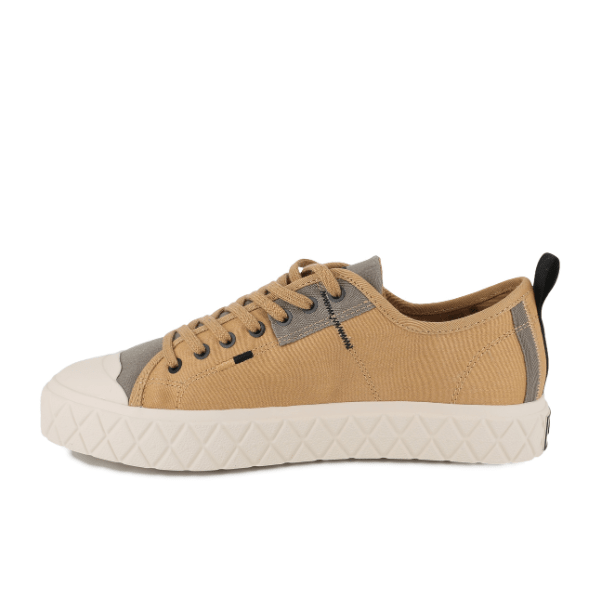 Palladium Palla Ace HTG Supply Woodlin sneaker - outer side profile with Palladium logo and tan canvas upper