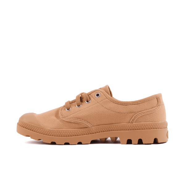 Palladium Pampa Oxford in Woodlin - tan wheat washed canvas low-top shoe, outer side profile