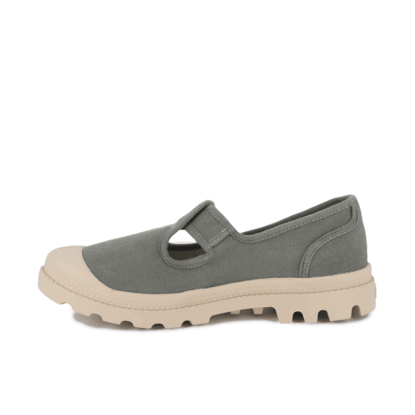 Palladium Pampa Mary-Jane Washed Vetiver – front view showing T-bar strap detail and washed canvas upper