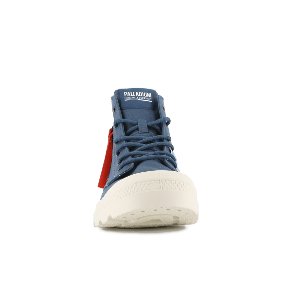Direct front view of Mood Indigo Palladium Pampa Hi Outzip Overlab boot showcasing lace-up closure and durable toe cap.
