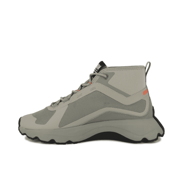 Palladium Thunder Mid 09105 Vetiver β front three-quarter view showing tech overlays, orange accent details and grippy outsole