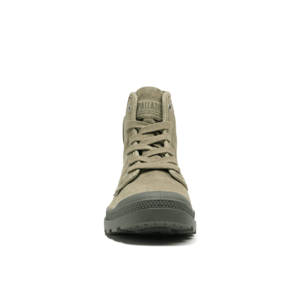 Palladium Pampa Hi Dusky Green - rear angle showing heel tab and durable lug outsole