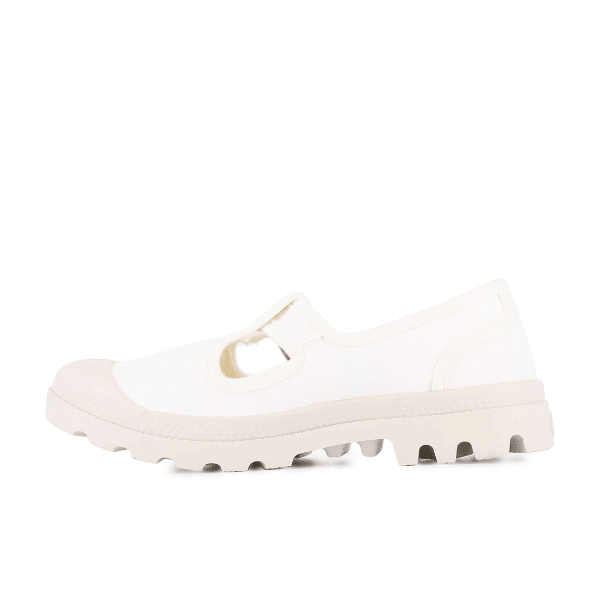 Palladium Pampa Mary-Jane Washed flat in Soft White – women's white canvas shoe with T-bar cutout strap detail, opposite side view