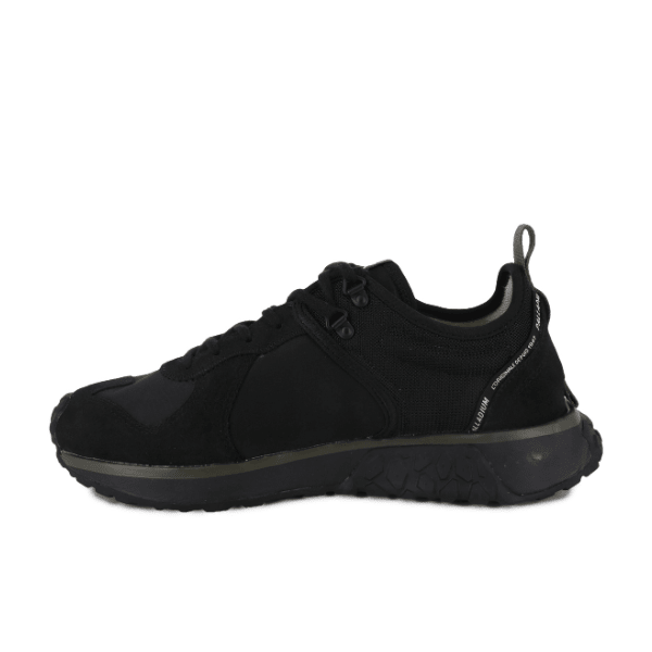 Palladium Troop Runner Sneaker in Black and Olive Night - lateral view showing speed hooks, nylon upper and olive night rubber outsole