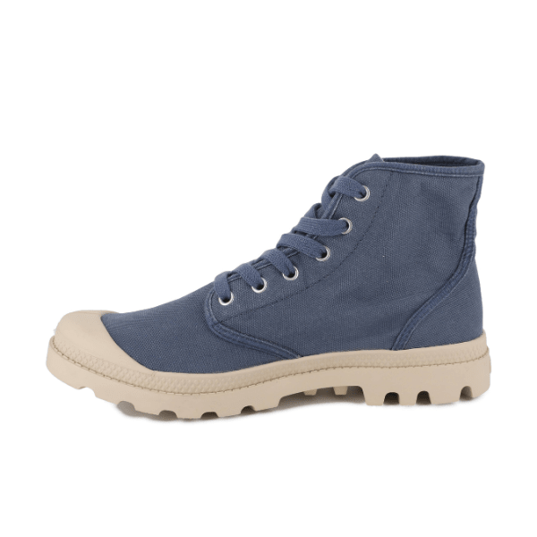 Palladium Pampa Hi Vintage Indigo - rear angle showing heel tab and durable lug outsole