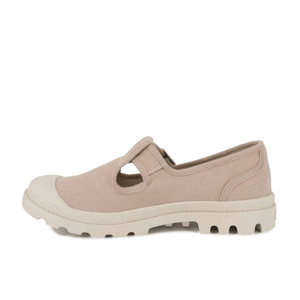 Palladium Pampa Mary-Jane Washed flat in Pilat – women's beige canvas shoe with T-bar cutout detail, opposite side view