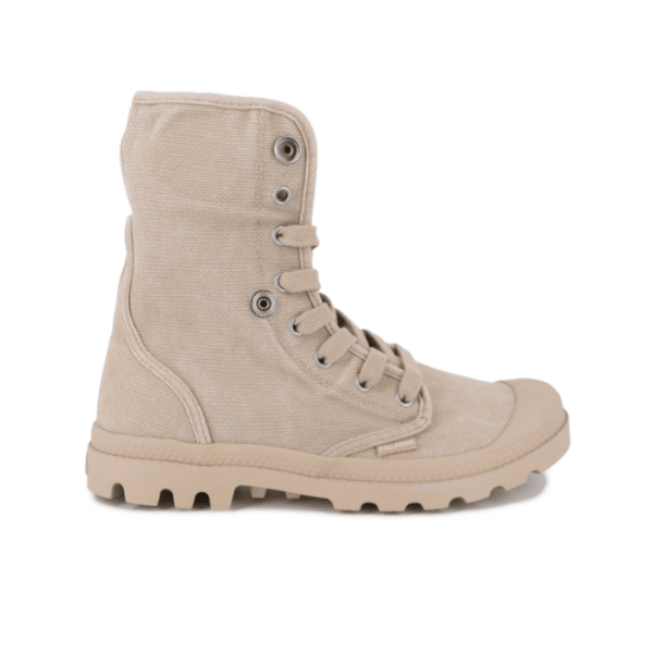 Palladium Baggy boot in Pilat - sand beige canvas high-top with cuff up, side view showing full lace-up