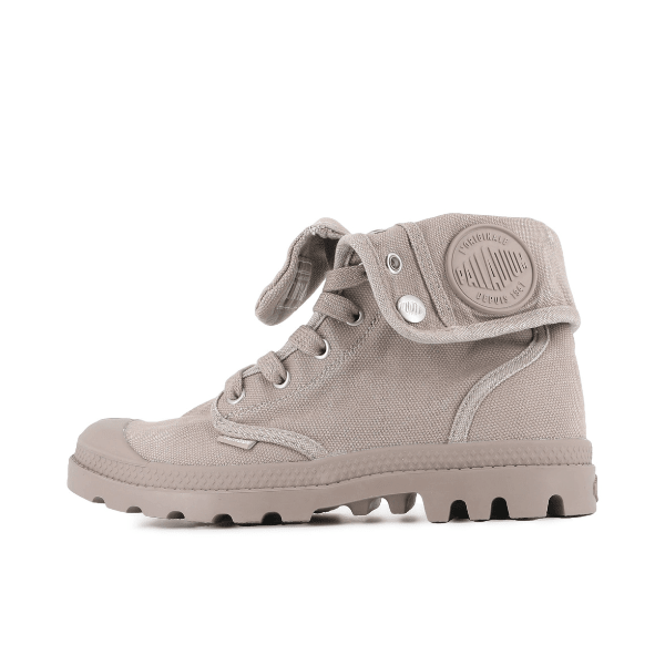 Palladium Baggy High-Top Boot in Vintage Khaki – angled view with unfolded cuff showing Palladium badge