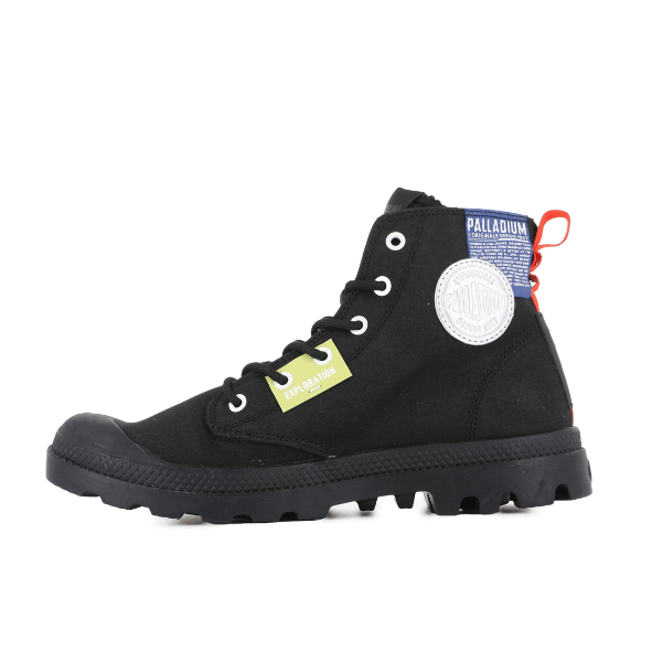 Inner side of Palladium Pampa Hi Outzip Overlab – Black showcasing green EXPLORE label and blue patch