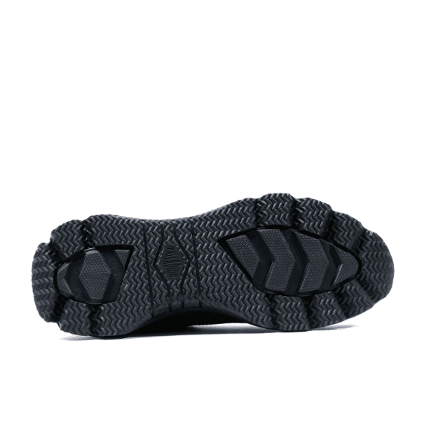 Palladium Thunder Lo Black sneaker outsole view - urban tech rubber sole with multi-directional grip pattern, code 08851