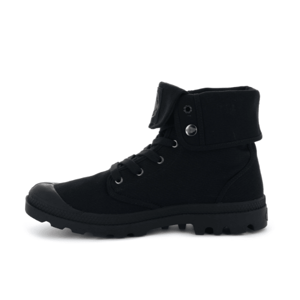 Palladium Baggy high-top canvas boot in Black β side view with cuff folded down, showing snap closure detail and lug sole