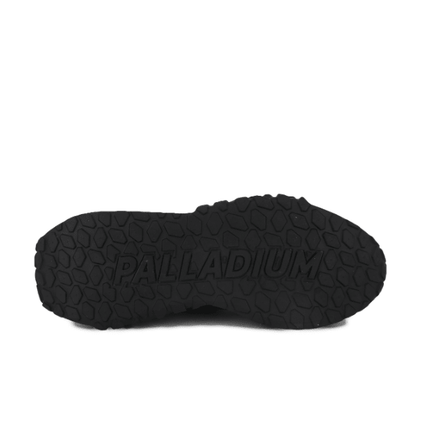 Palladium Troop Runner Sneaker in Black and Olive Night - sole view with all-black rubber outsole and embossed Palladium branding