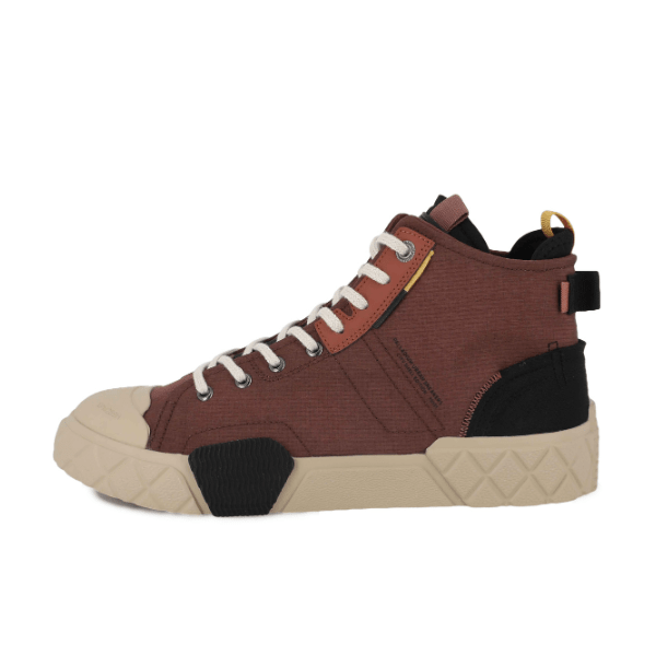 Palladium Ace City Shell Chukka in Racoon – angled rear view of brown high-top sneaker with heel strap, yellow pull tab and black ankle collar detail