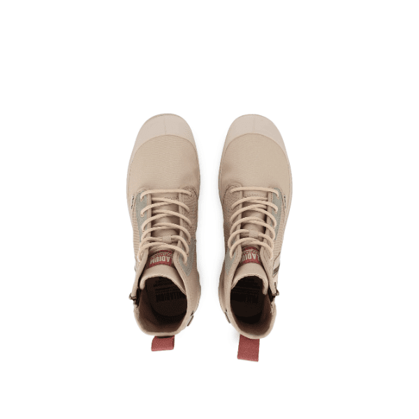 Palladium Pampa Detroit Zip Safari Sahara – overhead pair view showing canvas construction and red pull tabs
