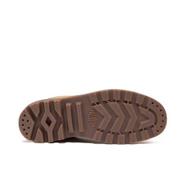 Palladium Pampa Hi Woodlin sole view - slip-resistant rubber lug outsole tread pattern