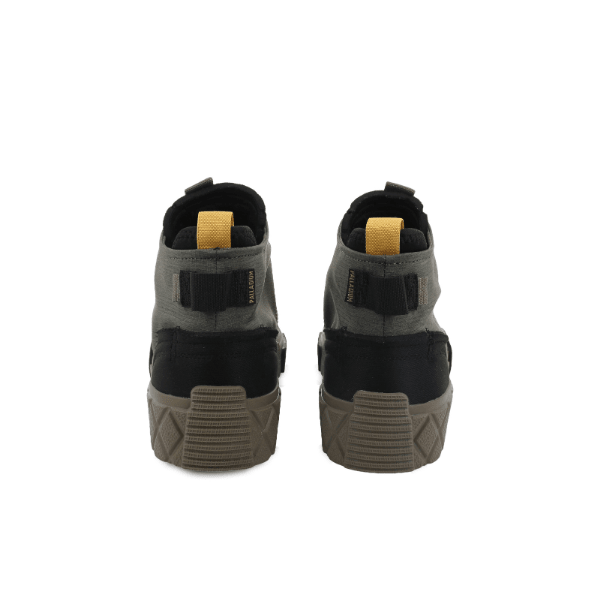 Palladium Ace City Shell Chukka in Olive Night – back view of pair showing olive green ripstop uppers, yellow heel branding tabs and earthy rubber outsoles