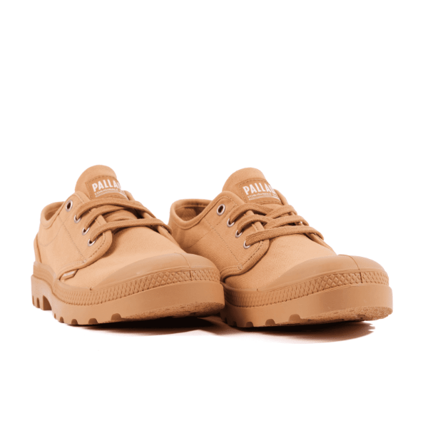 Palladium Pampa Oxford in Woodlin - front view of tan washed canvas low-top shoe pair with Palladium branding