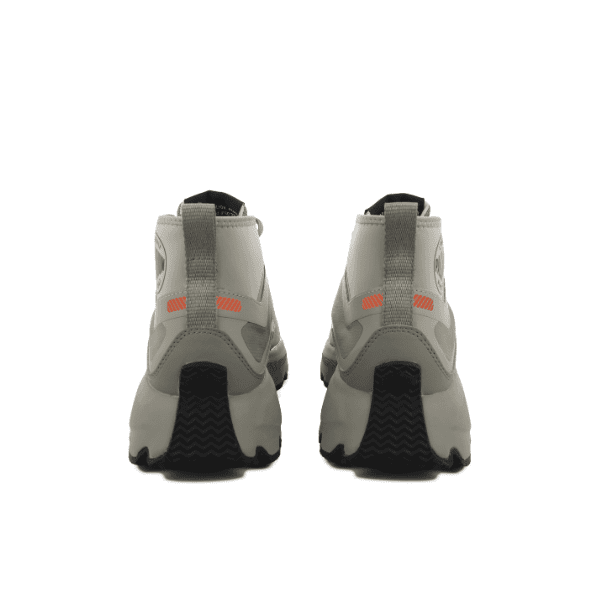 Palladium Thunder Mid 09105 Vetiver β rear view of both shoes showing heel pull tab, orange Palladium branding and black rubber outsole
