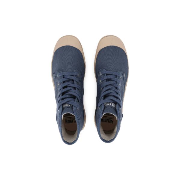 Palladium Pampa Hi Vintage Indigo pair - top-down view of men's canvas boots with Palladium branding