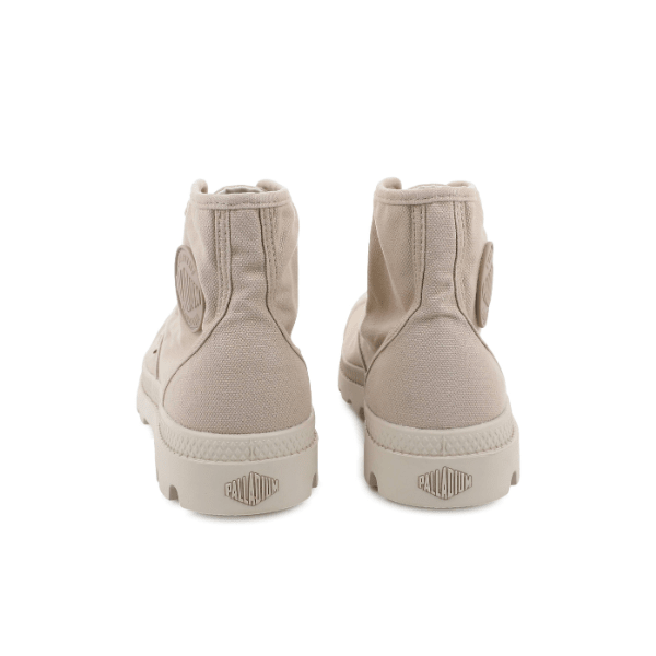 Palladium Pampa Hi men's high-top boots in Pilat beige β rear view of a pair showing pull tab, heel counter and Palladium branding