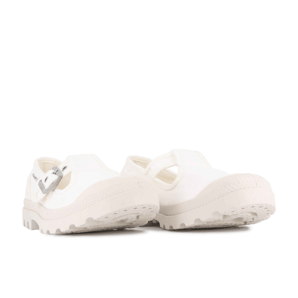 Palladium Pampa Mary-Jane Washed flat in Soft White – rear view of a pair showing heel and Palladium branding on lug sole