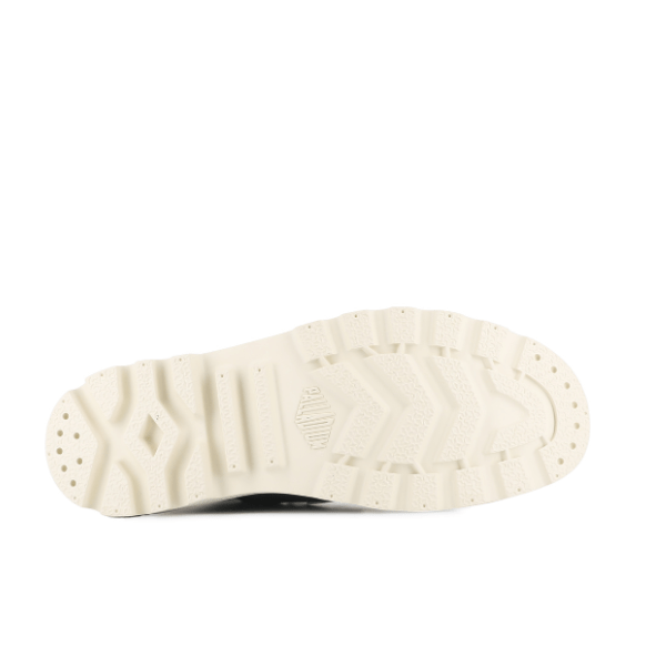 Bottom sole view of Palladium Pampa Hi Outzip Overlab boot showing thick tread pattern for grip and all-terrain traction.