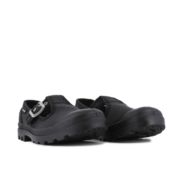 Palladium Pampa Mary-Jane Washed in Black – pair view from front angle showing both shoes with T-bar strap and lug sole