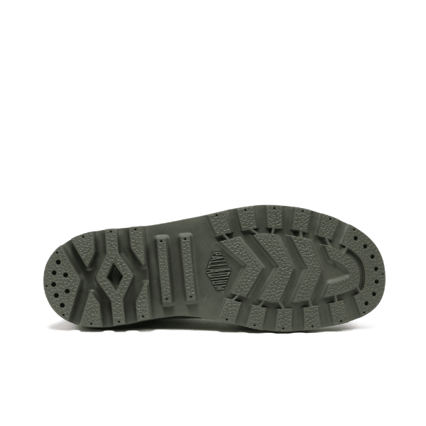 Palladium Pampa Hi Dusky Green sole view - slip-resistant rubber lug outsole tread pattern