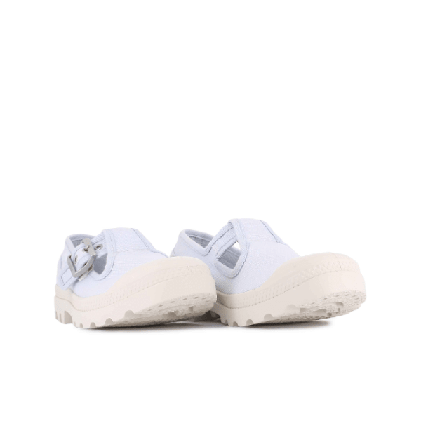 Palladium Pampa Mary-Jane Washed flat in Blue Art – pair of women's blue canvas buckle-strap flats with cream lug soles