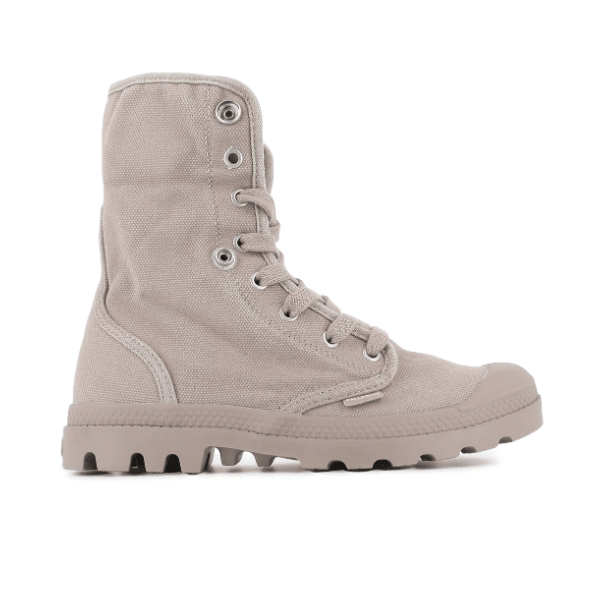 Palladium Baggy High-Top Boot in Vintage Khaki – side view with cuff down showing tall canvas boot silhouette