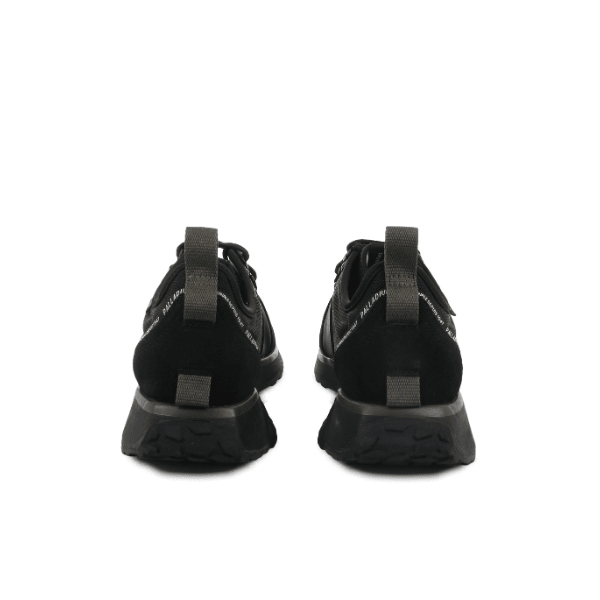 Palladium Troop Runner Sneaker in Black and Olive Night - rear view showing both shoes with olive night heel tab and black nylon upper