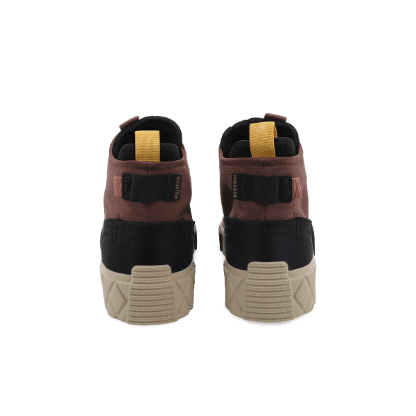 Palladium Ace City Shell Chukka in Racoon – back view of pair showing brown ripstop uppers, yellow heel branding tabs and cream rubber outsoles