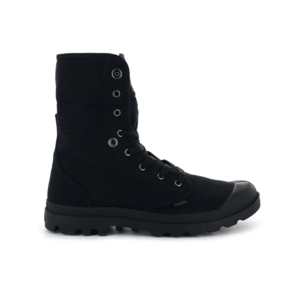 Palladium Baggy high-top canvas boot in Black β angled view highlighting lace-up eyelets, snap cuff closure and ankle support