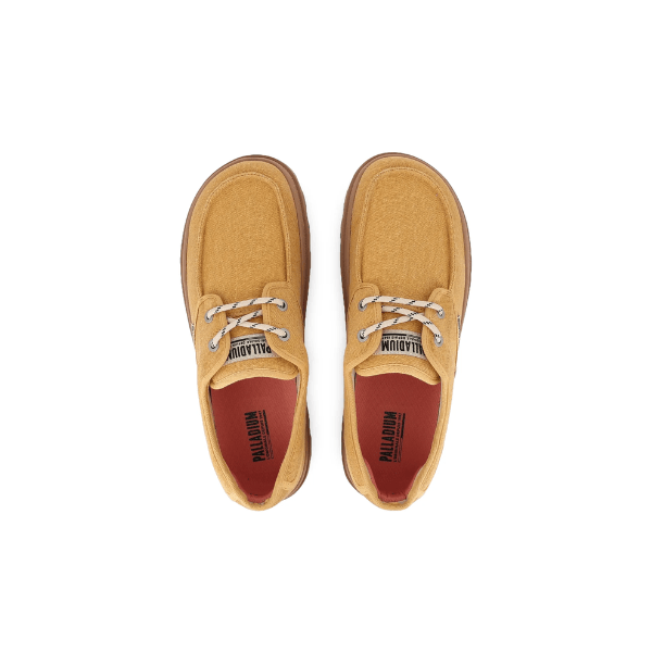 Palladium Dunelite Moc Cushion Ochre sneakers - top view showing moc-stitch toe cap, Palladium branding and canvas upper detail