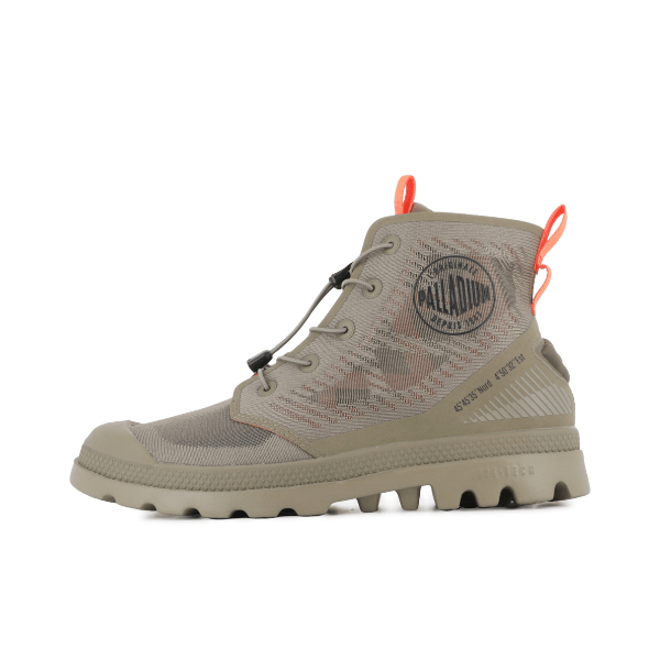 Close-up of inner side of Pampa Lite Travel VT boot in Dusky Green featuring branding and coordinates print.