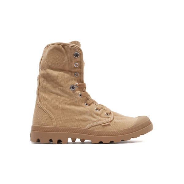 Palladium Baggy Woodlin High-Top Boot - Front View with Cuff Down Showing Full Boot Height in Tan