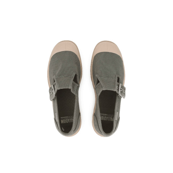 Palladium Pampa Mary-Jane Washed Vetiver – overhead view of pair showing washed canvas and T-bar buckle strap