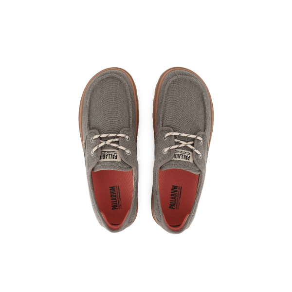 Palladium Dunelite Moc Cushion sneakers in Dusky Green β overhead view of pair showing moc-stitch toe cap, branded tongue, canvas upper and contrasting laces