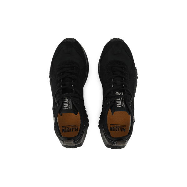 Palladium Troop Runner Sneaker in Black and Olive Night - top view showing pair with Palladium insoles, black nylon upper and olive sole