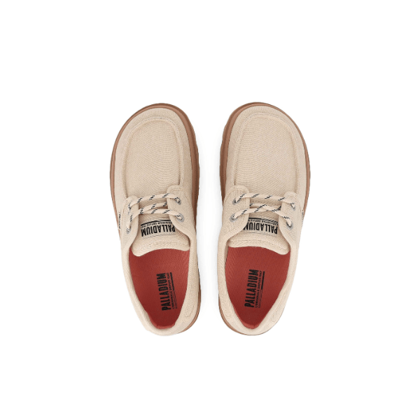 Palladium Dunelite Moc Cushion sneakers in Sahara – overhead view of pair showing moc-stitch toe cap, branded tongue, canvas upper and contrasting laces