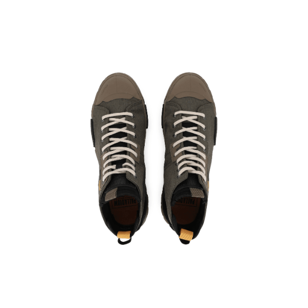 Palladium Ace City Shell Chukka in Olive Night – top-down pair view of olive green high-top sneakers with white laces, yellow pull tabs and earthy rubber outsoles