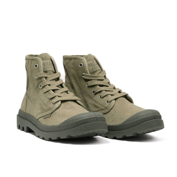 Palladium Pampa Hi Dusky Green pair - angled view of men's canvas boots with Palladium branding