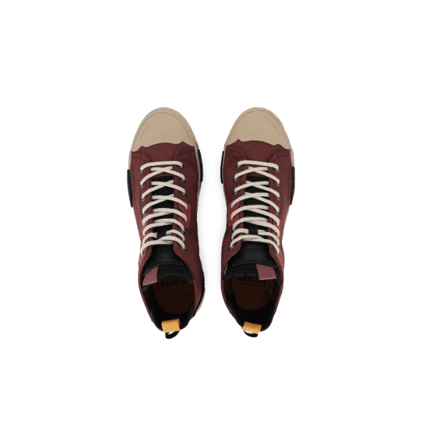 Palladium Ace City Shell Chukka in Racoon – top-down pair view of brown high-top sneakers with white laces, yellow pull tabs and cream rubber outsoles