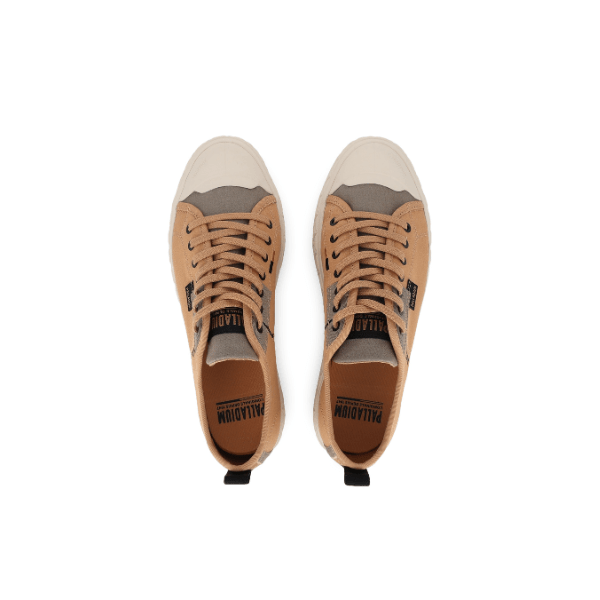 Palladium Palla Ace HTG Supply Woodlin sneakers - top-down pair view with Palladium label and tan canvas upper