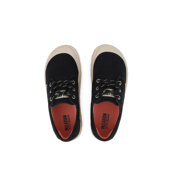 Palladium Dunelite Ox Comfort in Black β overhead view of pair showing toe cap, moleskin canvas upper, lace-up front and Palladium branded insole
